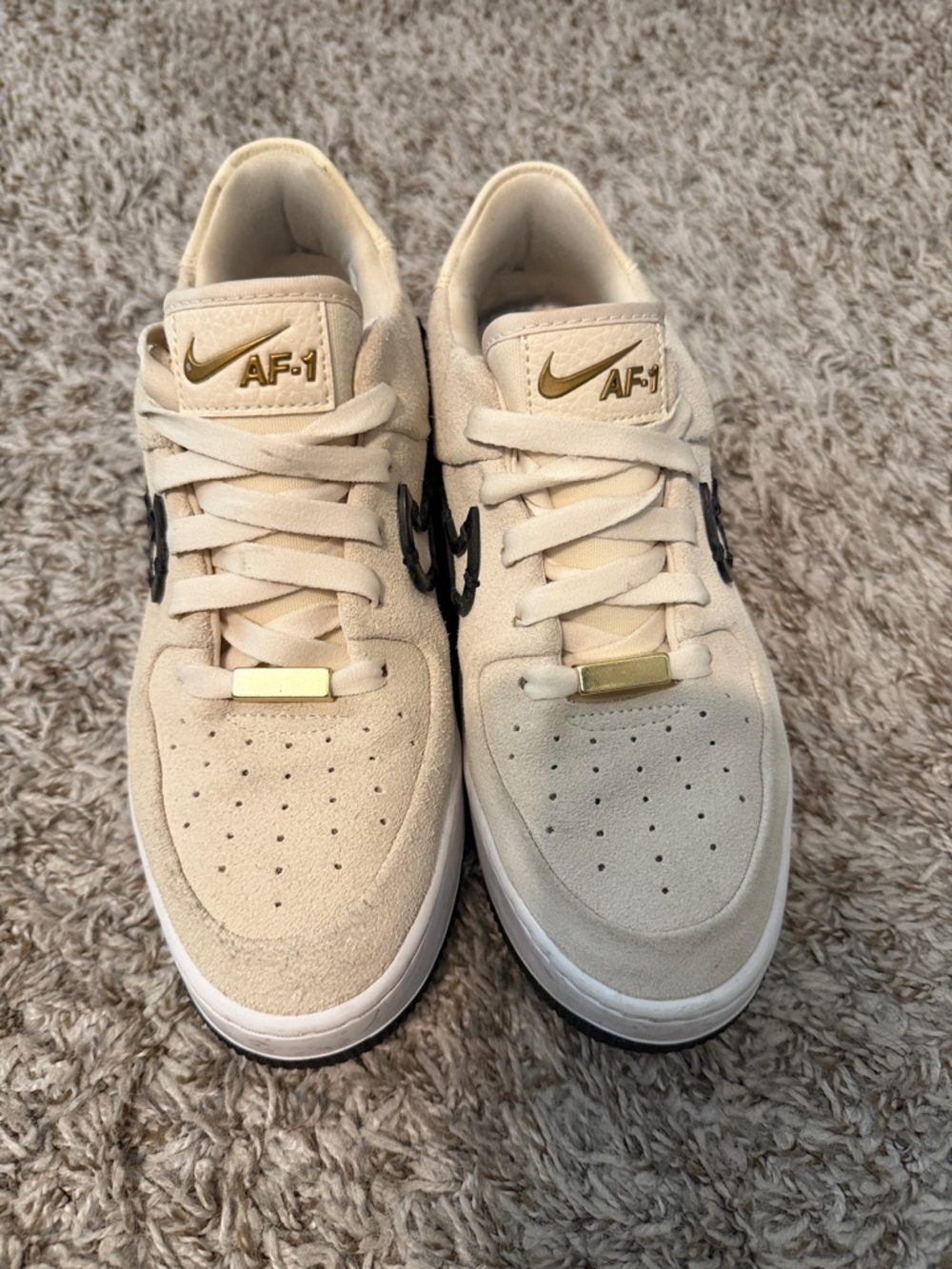 Nike Air Force One Cream Suede Black Swoosh and Gold Lace Accent